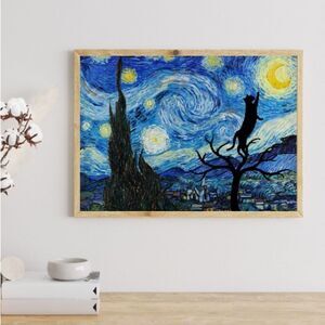 Van Gogh Starry Night Black Cat Print